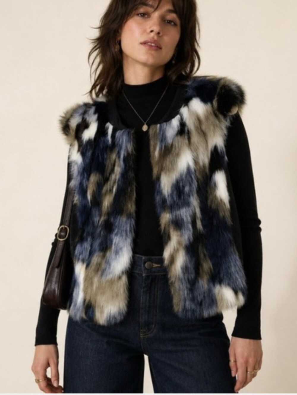 CAbi Frosty Faux Fur Vest Black & Cream Small